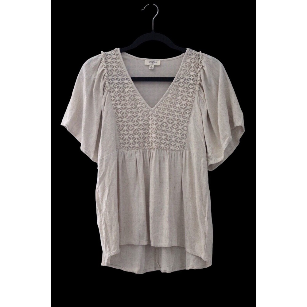 UMGEE Womens Boho Crochet Linen Blend Fringe Hem Top Small Beige Oversize Beachy